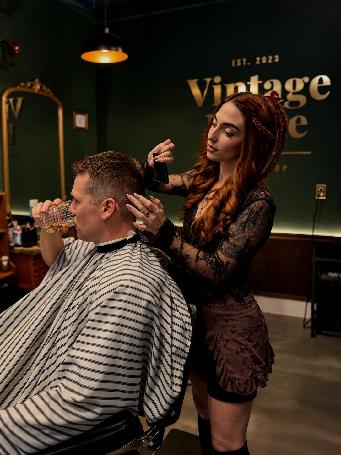 Thea Parrino, barber at Vintage Blade Barbershop, cutting hair at the chair